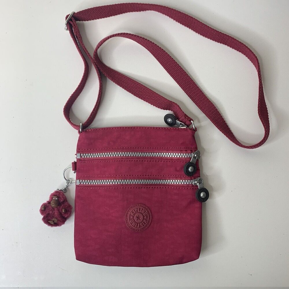 Cranberry KIPLING Juliet Keychain Monkey Double Zip Crossbody Bag Purse